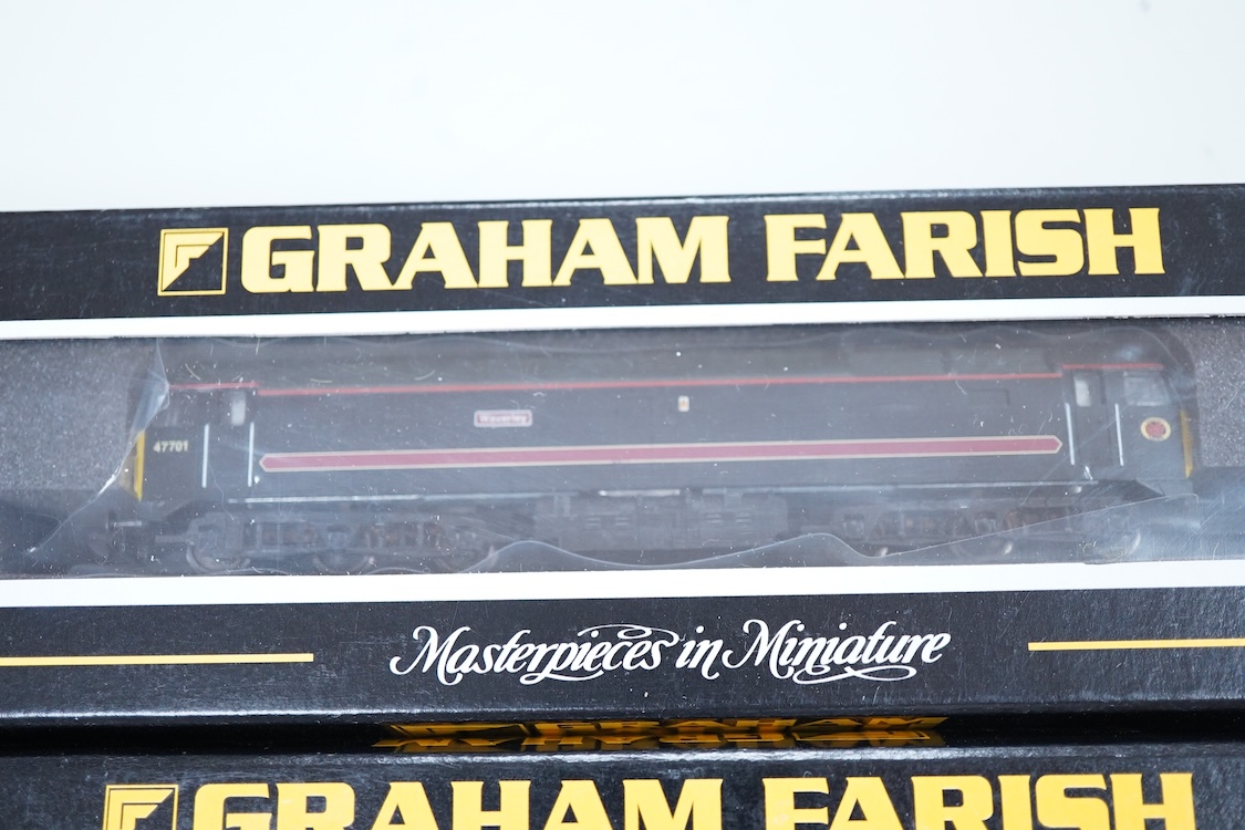 Three boxed Graham Farish N gauge railway Class 47 Co-Co diesel-electric locomotives; a First Great Western, 47832 (371226), a BR 47/4, The Lass O’ Ballochmyle 47635 (371-230), and a Fragonset Railways, Waverley 47701 (3